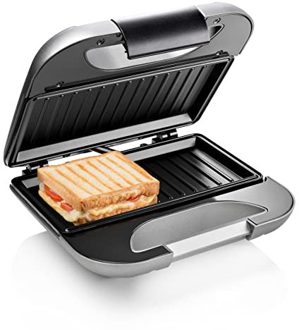 Princess 127003 Sandwichera DeLuxe para 2 sandwiches, placas de parrilla, superficie de 22 x 12 cm, tapa con cierre de seguridad, gris