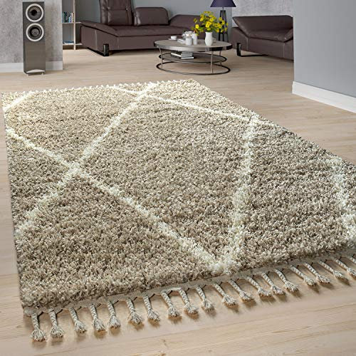Paco Home Shaggy Teppich Wohnzimmer Hochflor Rauten Muster Skandi Design, Grösse:60x100 cm, Farbe:Beige-Creme