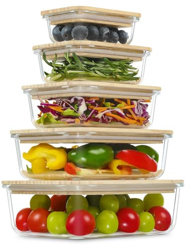 Urban Green Glass Bamboo Lids, Meal Prep Containers Food storage, 5 Pack, Pantry Kitchen Fridge Cabinet Organizer, Lunch box, Butter Dish, Microwave Oven,