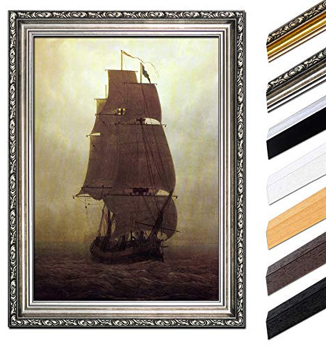 Bild mit Rahmen - Caspar David Friedrich Segelschiff 30x40 cm - Gerahmtes Leinwandbild Alte Meister - Antiker Rahmen Silber Barock, Klassisch