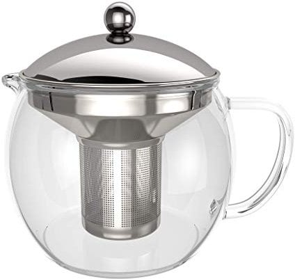 bonVIVO Glass Teapot with Infuser – 50 oz Loose Leaf Tea Maker, Heat-Resistant Borosilicate Glass & Stainless Steel, Silver Lid