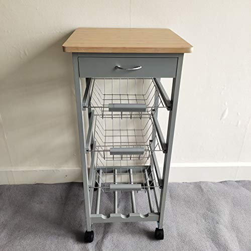 Kitchen Trolley White Wooden 3 Tier Rolling Organiser (3 Basket + 1 Wine Rack) Utility Storage Cart with 3 Basket Drawers, Wheels for Dining Room, Natural and Grey