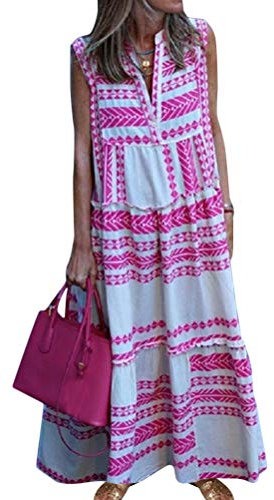 Minetom Robe Longue Femme Grande Taille Rétro Col V Imprimé Ample Été Boho Plage Vacances A-Line Maxi Dress D Rose 42
