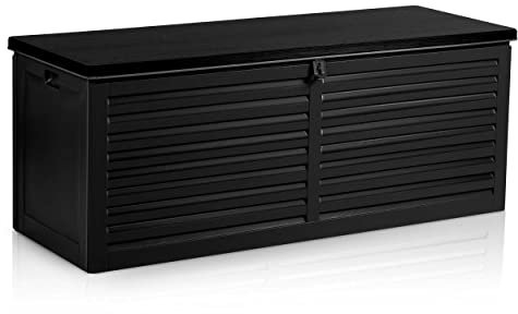 Plonos Garten-Box Solid Black verstärkte Kunststoffkonstruktion Außen für Garten für Balkon und Terrasse Kapazität 390 l Größe 143,5 x 57 x 53,5 cm Auflagenbox (Schwarz)