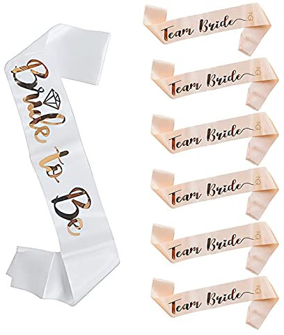 7Stück JGA Deko Frauen Schärpen Set 6 Team Bride Schärpe + 1 Braut Schärpe mit glänzender Rose Gold Schrift für Hochzeit Junggesellinnenabschied Hen Party