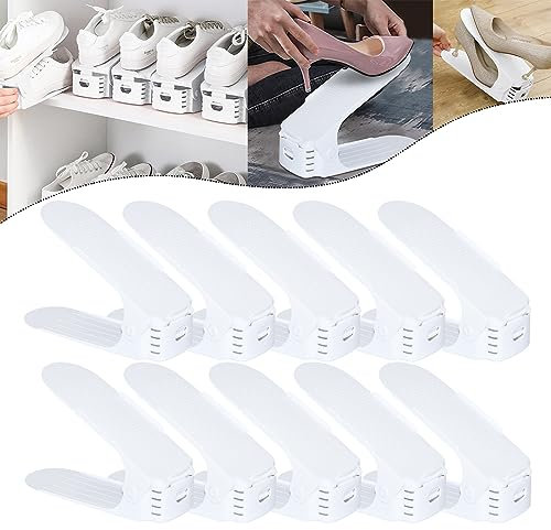 YUENFONG Einstellbare Schuhregale 20 Stück Verstellbarer Schuhhalter, 3 höhenverstellbar rutschfest Kunststoff Schuhstapler, für Schuh-Organizer Schrank Regal, Weiß
