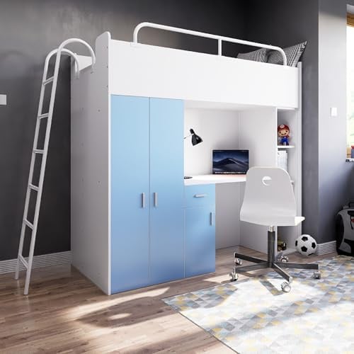 Marlux-Meble Hochbett Kinderbett JSM-4 80x190 mit Kleiderschrank Schreibtisch und Leiter Matt Kinderbetten Funktionsbett Etagenbett Stockbett Kinderhochbett Jugendhochbett (Hellblau Matt)