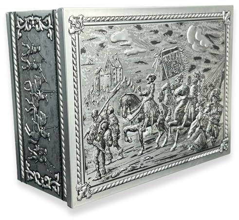 Mittelalter Truhe - wunderschöne Aufbewahrungsdose mit Ritter Motiven - lebensmittelecht - Keksdose, Stollendose - Maße: (Länge x Breite x Höhe): ca. 31,0 x 23,0 x 13,5cm - Vol. ca. 9, 0L