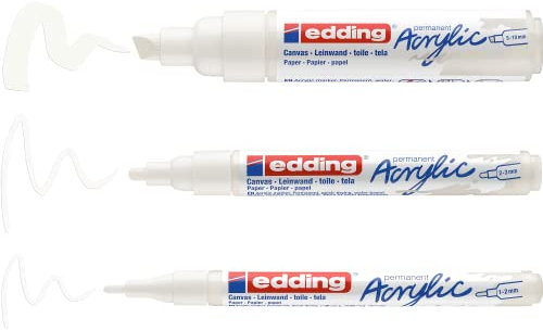 edding acrylic allround white set - white - 3 waterproof acrylic paint marker - fine, medium and broad nibs - acrylic paint pen for drawing on canvas, art paper and wood - acrylic markers for pebbles