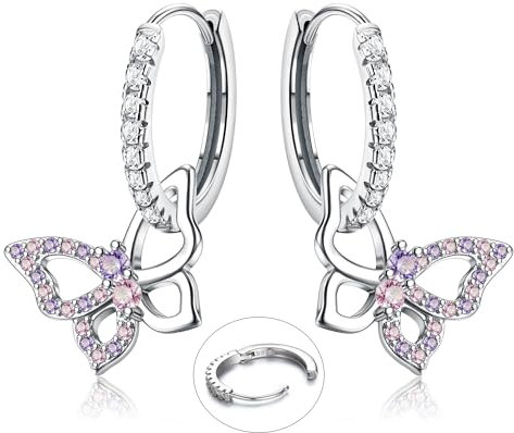 LOLIAS 925 Sterling Silver Stern Ohrringe Ohrhänger Baumeln für Damen Mädchen Bunte Funkelnde Schmetterlings Herz CZ Charme Kleine Tropfenohrringe Hypoallergene Silber Huggie Creolen
