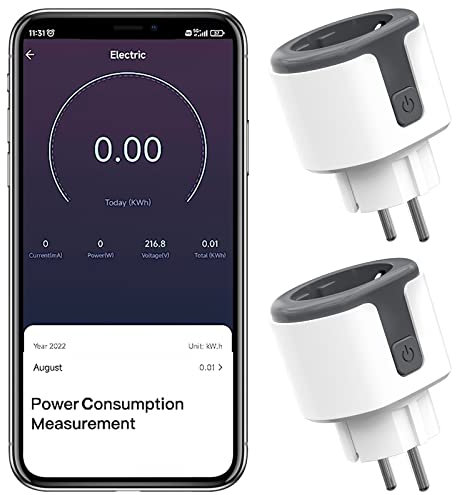 WLAN Smart Steckdose, Smart Home WiFi Steckdose mit Sprachsteuerung Kompatibel Alexa, Google Assistant, APP Fernbedienung Smart Plug mit Stromverbrauch Strommessung und Zeitschaltuhr, 2,4GHz, 2 Stücke