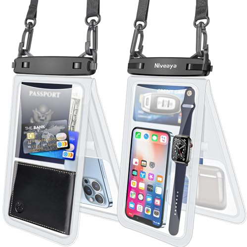Niveaya [Bis zu 26,7 cm wasserdichte Handy-Tasche – 2 Stück, wasserdichte Handy-Schutzhülle mit Umhängeband für iPhone 15/14/13/12 Pro Max bis zu 24,1 cm, Handy-Trockentaschen für Urlaub, Strand,