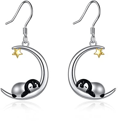 Pinguin Ohrringe für Damen Sterling Silber Pinguin auf Mond Weihnachts Schmuck Geschenke für Frauen
