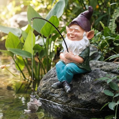 GARDEN WHISPER Fishing Gnome Statue, Outdoor Garden Decor, Earth Tones, 4.3W x 4D x 9.1H, 1.1lbs, Unique Design, Hand Painted Antique Finish, Weather Resistant