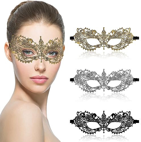 Amaxiu Maskerade Spitzenmasken für Damen, 3 Stück Venezianische Maske Spitze Kostüm Weiche Gold Partymaske für Halloween Karneval Abendkleid Tanz Ball Party(B)