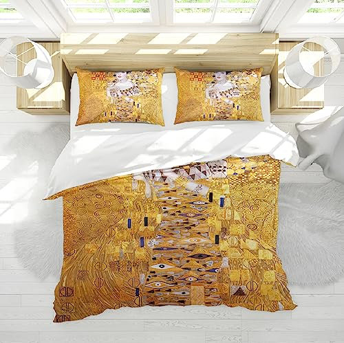 HengYun ART Goldener Bettbezug Gustav Klimt Kunstwerk Wunderschöne Frau 3 STÜCKE Weiche, atmungsaktive Bettwäsche Bettbezugsset mit Reißverschluss Keine Bettdecke 140x200cm
