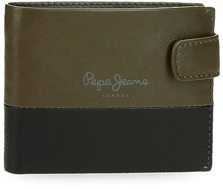 Pepe Jeans Double Portefeuilles et Porte-Monnaie en Cuir de Vachette, Noir, Kaki, Marine, différentes Tailles, Kaki, Talla única, Portefeuille Click