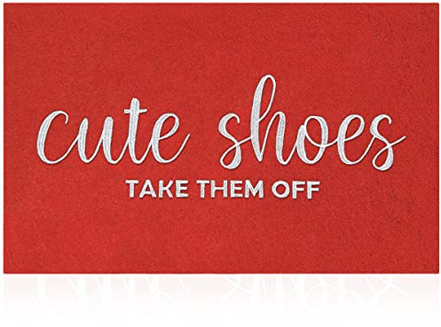 AOAOPQ Outdoor Welcome Mats Front Door Outside Mat for Home Entry Cute Shoes Take Them Off Entryway Doormats Non Slip Low Profile Small Rugs for Bedroom Living Room Dark Red