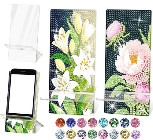 NUFTVI Diamant-Malerei-Handyhalter-Kits, 5D-Vollkristall-Diamant-Kunst- und Spiegel-Bastelsets, Geschenk für Erwachsene, Tischdekoration (2 Stück, Lilie und Pfingstrose)