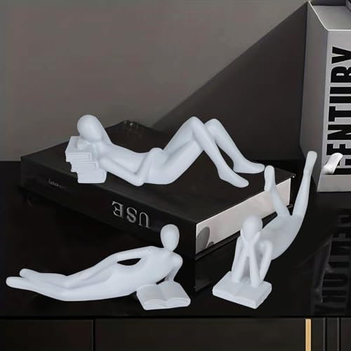 3Pcs White Statue Decor Thinker Statue Liegend Lesen Frauen Figur Home Decor Moderne Abstrakte Sitzende Skulptur und Harz Figuren für Wohnzimmer Bücherregal Couchtisch Büro Schreibtisch Regal