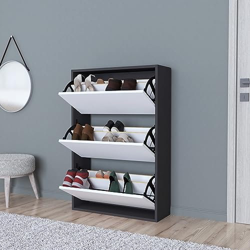[en.casa] Schuhschrank Aurskog Schuhkipper für 18 Paare Schuhkommode mit 3 Kipptüren für Eingang, Flur 110 x 73,5 x 24 cm Anthrazit/Weiß