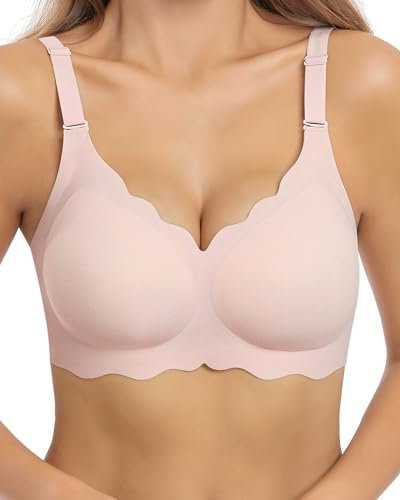 HORISUN Bras for Women No Underwire V Neck Scalloped Wireless Bralettes with Soft Support Comfort Full Coverage Seamless Bra (Pink,XL)