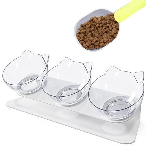 Gamelle Chat SuréLevée,3 en 1 Gamelle Chaton, Gamelle Chat Inclinée pour Chat Inclinable à 15° Bol pour Chat Anti Vomissement à 3 Bols