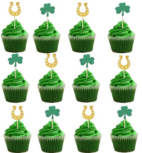 ALEGRE 24 Stück Glück Kleeblatt Cupcake Topper St. Patrick's Day Tortendekoration, Glitzer Hufeisen Muffin Deko Party Kuchen Deko für Babyparty, Geburtstag