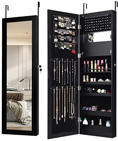 COSTWAY 15 LED Lights Jewellery Cabinet, Door Hanging/Wall Mounted Jewelry Armoire with Full Length Mirror and Large Storage, Bedroom Lockable Makeup Cosmetics Jewellery Organiser Unit Gift (Black)