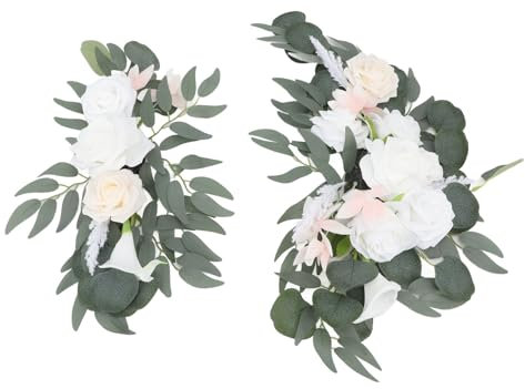 Lot de 2 panneaux de bienvenue de mariage - Fleurs artificielles décoratives avec 3 clips - Pour plage, mariage à l'intérieur (blanc)