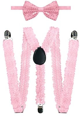 TMK Bretelle e Papillon Set da 1/6/12 pezzi per Uomo Donna Unisex Resistenti Elegante Regolabile Forma a Y cod.621 (Pailettes Rosa, 6)