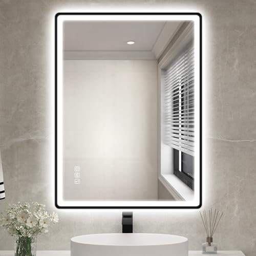 STARLEAD 600x800 mm Black-Bathroom-Mirror-with-LED-Lights and Bluetooth, LED-Bathroom-Mirror-Wall-Mounted with Anti-fog, 3 Colours Dimmable, Memory Function, IP44, Tempered Glass, Horizontal/Vertical