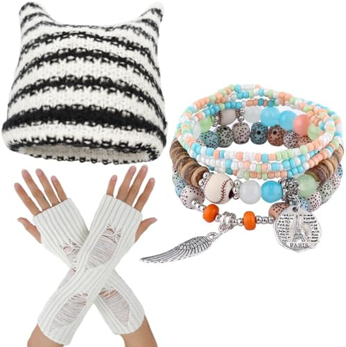 Therian Gear Y2K Kleidung, Grunge Clothing - Emo-Mütze, Fäustlinge, fünf Fairycore Armbänder