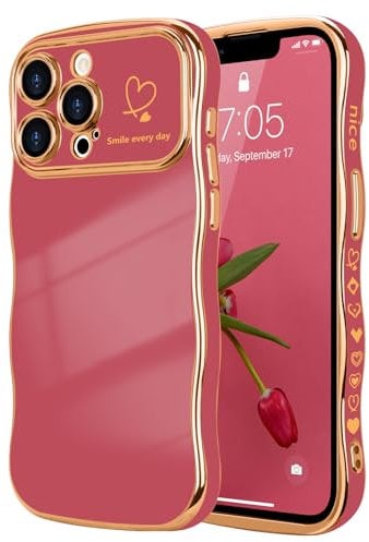 LCHULLE for iPhone 13 Pro Max Case for Women Girls,Cute Curly Wave Frame Shape Love Heart Pattern Phone Case,Raised Camera Protection Plating Shockproof Cover for iPhone 13 Pro Max 6.7,Faint Red
