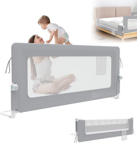 XMTECH 1st Bettgitter 180 cm Bettschutzgitter Kinderbettgitter für Kinder, Rausfallschutz Bett Babybettgitter Klappbar, Tragbar, Bettgitter für Kleinkinder, 18 Monate - 5 Jahre, Grau