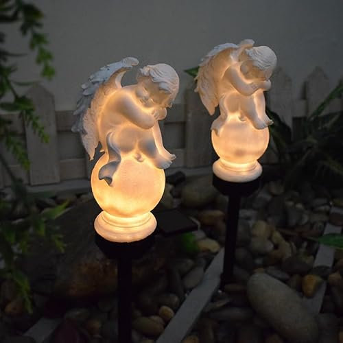 FIYSON Lámpara solar de jardín con forma de ángel, IP65, resistente a la intemperie, luz LED solar para tumba con estaca para exteriores, iluminación nocturna para decoración de jardín, 48 cm (estilo