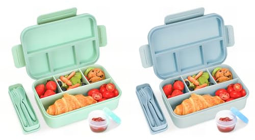 Bugucat Brotdose für Kids - Lunchbox Auslaufsicher mit 4 Fächern, Bento Box für Kinder & Erwachsene - Frühstücksbox für Jungen & Mädchen (Blau, Grüne Innenfarbe, 1300ML, 2er Set)