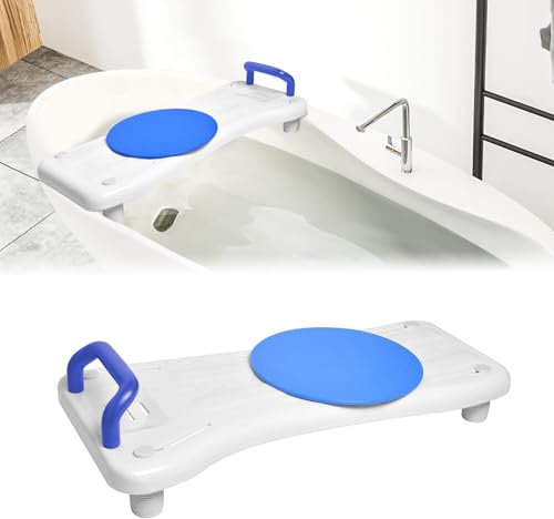 UISEBRT Badewannenbrett mit Drehscheibe Badewannensitz Senioren, Sitzbrett für Badewanne, Wannensitz mit Griff und Seifenablage, Länge 70 cm, Weiß und Blau