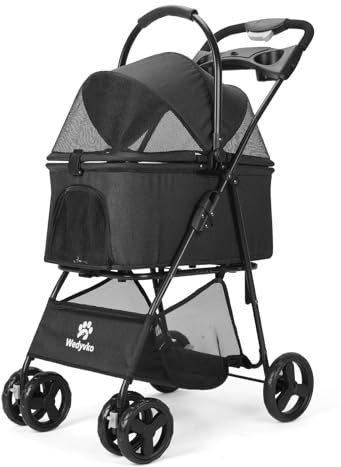 Hundewagen Hundebuggy Faltbar Travel Haustier Kinderwagen Pet Stroller mit Netzfenstern und Aufbewahrungskorb für kleine Mittele Hunde Haustiere Buggy (Schwarz)