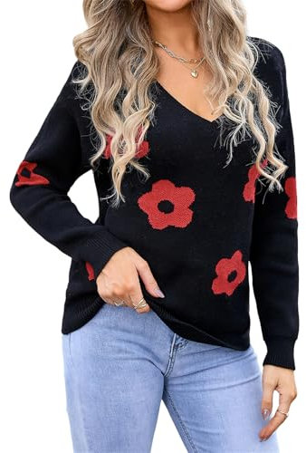 HEYPORK Damen Herbst Winter Warm Bequem Pullover Casual Mode Strickjacke Strickpullover Frauen V-Ausschnitt Langarm Floral Strickpullover(Schwarz, M)