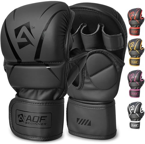 AQF Hybrid MMA Gloves for Sparring & Grappling, Open Palm Shooter Design, Enhanced Wrist Support, Shock-Absorbing Padding, Lightweight and Durable for Training, Kickboxing, Muay Thai (Black, L/XL)