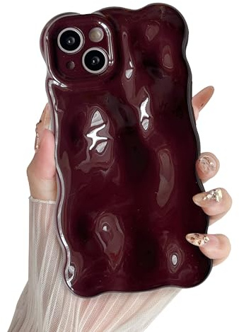 XIZYO Solid Color Wavy Bubble Case for iPhone 15 Plus, Wine Red | Cute Curly Wave Frame, Aesthetic Curvy Design, Full Camera Protection, Soft TPU Silicone,Shockproof Anti-Yellow,Girly Style