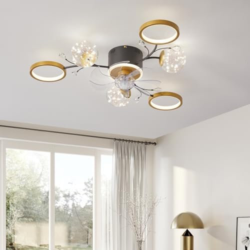 Depuley 37 Low Profile Ceiling Fan with Light, 6-Lights Flush Mount Ceiling Fan with Gold Ring and Clear Glass Globe Shade, Fandelier Fan Ceiling with Remote for Living Dining Room, 6 Speeds, Timing
