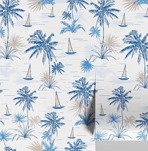S4Sassy Revestimiento de pared autoadhesivo, diseño de palmeras tropicales y veleros, removible. Mural de renovación de paredes en azul texturizado para baño, lavadero y armario63 x 61 cm.