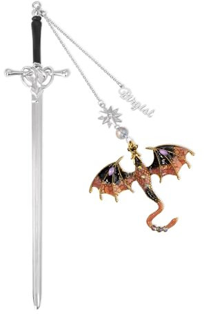 Dragon Fantasy Metall-Lesezeichen-Set – personalisiertes Schwert Lesezeichen mit geflügeltem Anhänger und Namensanhänger (Geschenk für Buchliebhaber, Männer und Frauen)