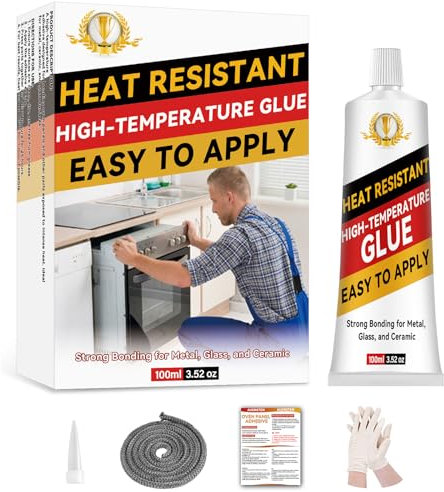 Mastic Silicone Haute Température 100ml avec Joint Noir, Mastic résistant chaleur pour fours, poêles et cheminées, Kit complet avec bande d’étanchéité 2,5m et gants de protection (Noir)