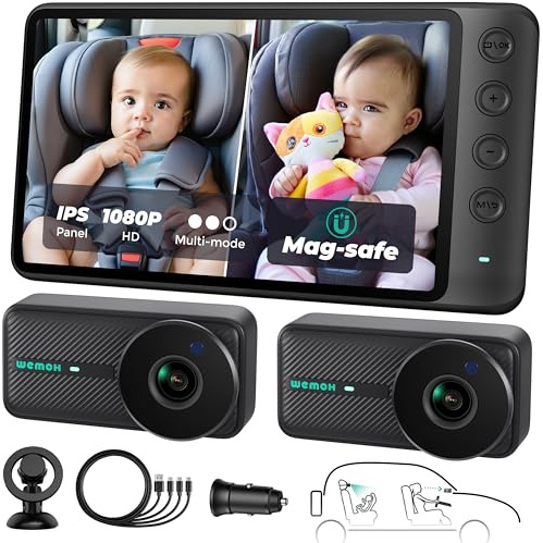 WEMOH Telecamera Magnetica Doppia per Auto per Bambini, Display IPS 1080P con Supporto Magnetico, 3 Modalità (Zoom/Specchio/Split), Visione Notturna Automatica, Telecamera per Auto USB per Bambini a