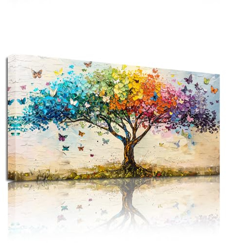 SERIMINO Tableau Decoration Murale Salon Arbre de Vie Grand 59x119 cm | Motif Arbre Arc‑En‑Ciel Papillons, Impression HD, Cadre Bois, Installation Simple, Multi Espaces, Cadeau, Grand Format