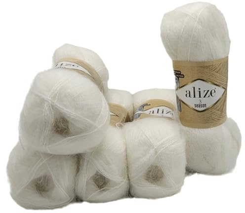 5 x 100 Gramm Ilkadim Export Strickwolle 3 Season, 500 Gramm Strickgarn einfarbig mit 25% Mohair und 24% Wolle. (weiss 55)
