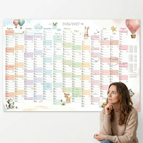 TOBJA Schuljahreskalender A1 2026/2027 Tierwelt Pastell – 13 Monate Aug 2026–Aug 2027, Ferien/Feiertage DE & AT, 150g, beschreibbar, gefaltet | XL Wandkalender 2026 2027